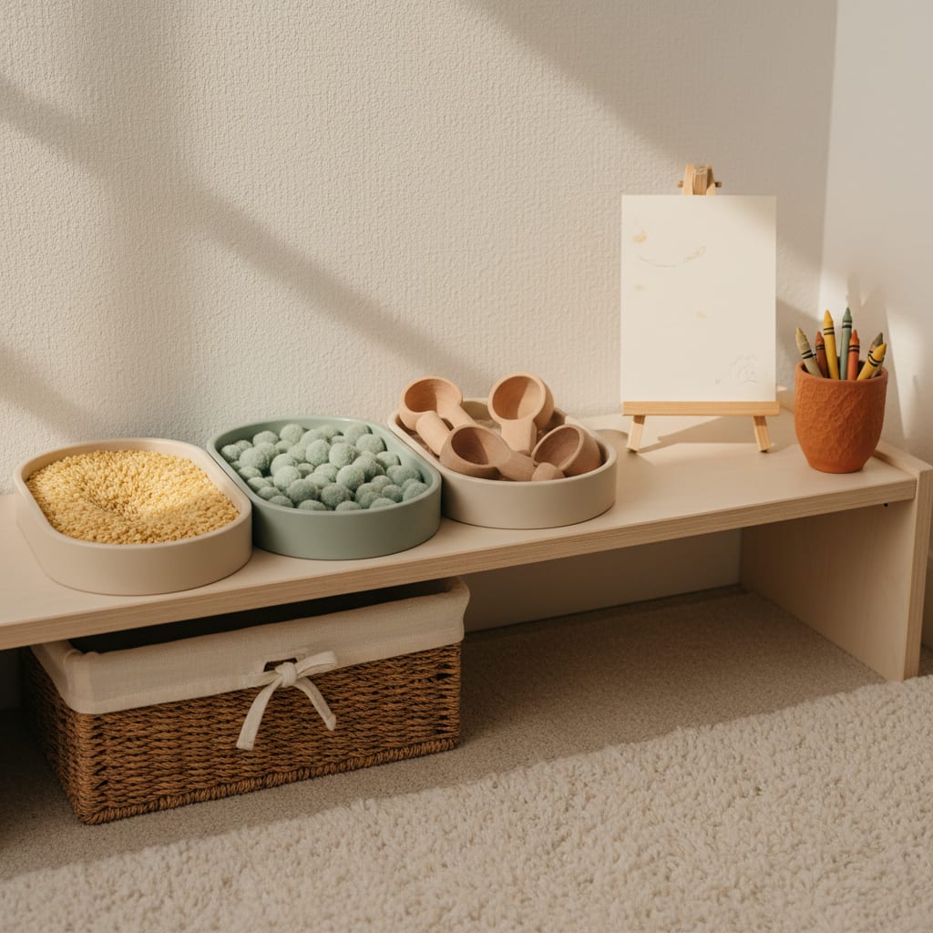 A tidy playroom shelf with sensory bins and a daily rhythm card ready for the morning